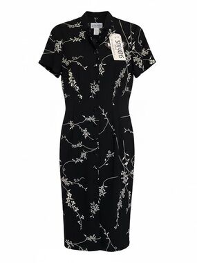 VTG J Stevens Carol Escritor Dress Size 12 Black Cream Floral Button Front NWT